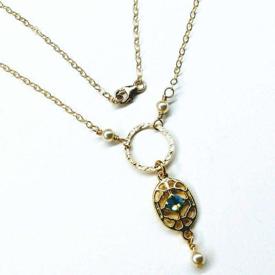 Exquisite 14KT Gold-Filled Filigree Necklace with Crystals & Pearls