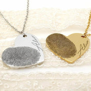 Silver and gold Fingerprint Heart Necklaces with 'Alice' engraving, custom memorial jewelry in stainless steel and gold finishes.