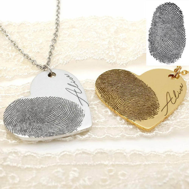 Fingerprint Heart Necklace Memorial Love Edition in silver and gold with close-up fingerprint detail, personalized with 'Alice'.