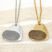 Custom Fingerprint Heart Necklaces in silver and gold engraved with 'Alice', perfect for memorial or love keepsake gifts.