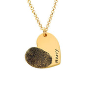 Gold Fingerprint Heart Necklace Memorial Love Edition engraved with 'Harry', custom love keepsake in polished finish.