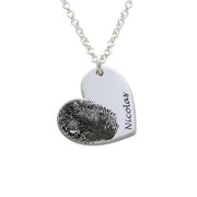 Silver Fingerprint Heart Necklace engraved with 'Nicolas', custom memorial pendant with fingerprint design for heartfelt gifts.