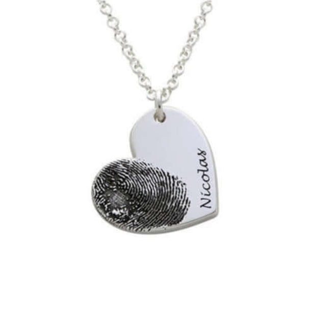 Silver Fingerprint Heart Necklace engraved with 'Nicolas', custom memorial pendant with fingerprint design for heartfelt gifts.