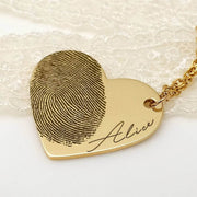 Gold Fingerprint Heart Necklace Memorial Love Edition engraved with 'Alice' and a fingerprint, ideal for personalized remembrance jewelry.