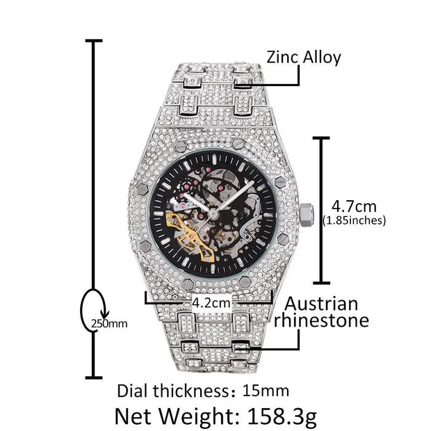 Luxury Iced Rhinestone Mechanical Watch Hip-hop Rapper Hollow Waterproof Quartz Clock Wristwatch 2025 New Fashion Jewelry Gift