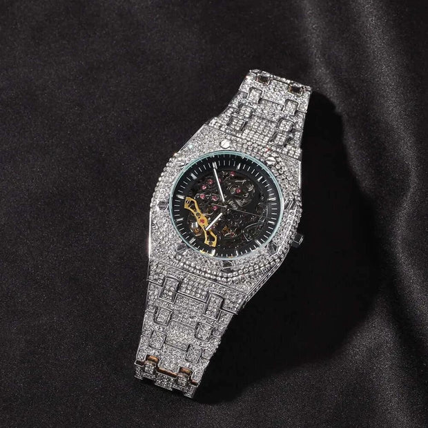 Luxury Iced Rhinestone Mechanical Watch Hip-hop Rapper Hollow Waterproof Quartz Clock Wristwatch 2025 New Fashion Jewelry Gift