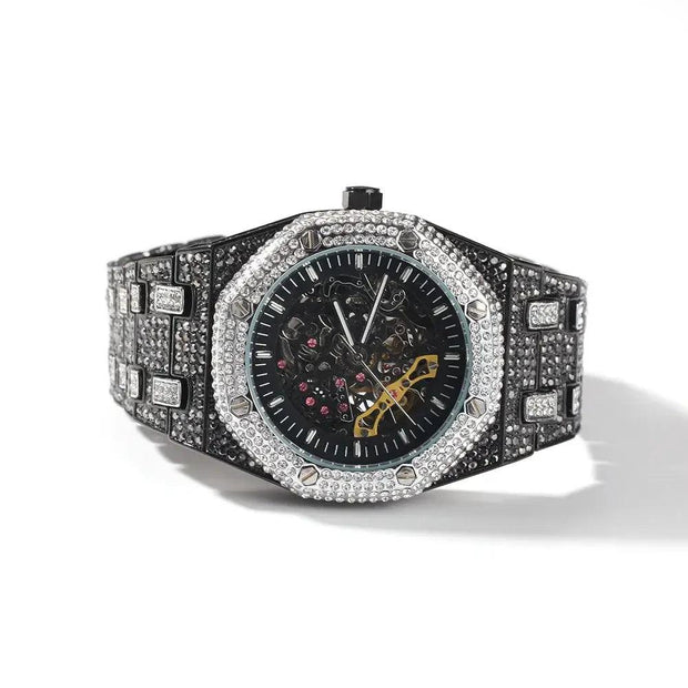 Luxury Iced Rhinestone Mechanical Watch Hip-hop Rapper Hollow Waterproof Quartz Clock Wristwatch 2025 New Fashion Jewelry Gift