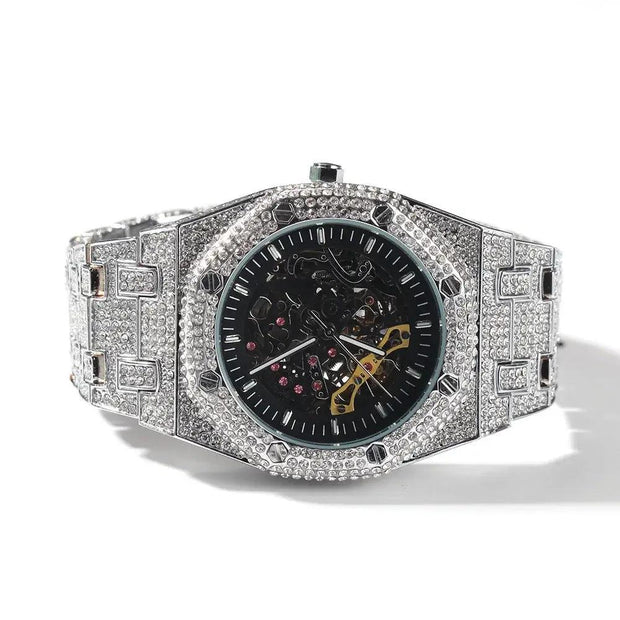 Luxury Iced Rhinestone Mechanical Watch Hip-hop Rapper Hollow Waterproof Quartz Clock Wristwatch 2025 New Fashion Jewelry Gift