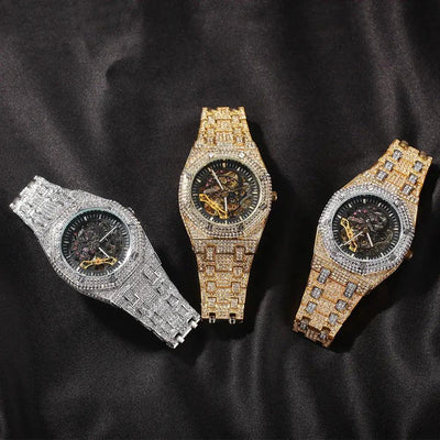 Luxury Iced Rhinestone Mechanical Watch Hip-hop Rapper Hollow Waterproof Quartz Clock Wristwatch 2025 New Fashion Jewelry Gift