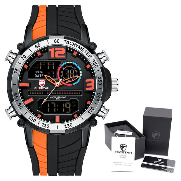 Men’s Striped Sports Watch – Quartz Movement, Silicone Strap, Water Resistant