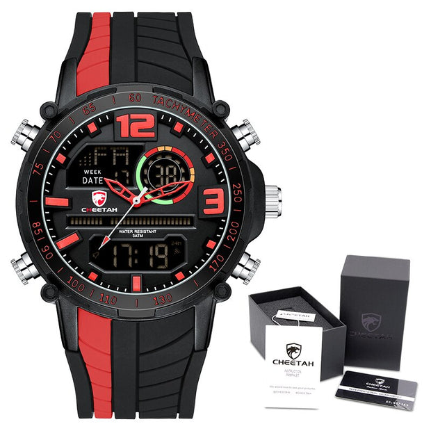 Men’s Striped Sports Watch – Quartz Movement, Silicone Strap, Water Resistant