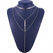 Three-Layer Lariat Choker Necklace with Coin &amp; Chain Circle Pendant - Adjustable Statement Jewelry