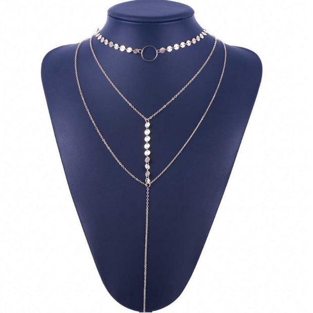 Three-Layer Lariat Choker Necklace with Coin &amp; Chain Circle Pendant - Adjustable Statement Jewelry