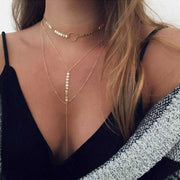 Three-Layer Lariat Choker Necklace with Coin &amp; Chain Circle Pendant - Adjustable Statement Jewelry