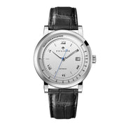 Poniger watch with black leather strap and silver dial on a white background