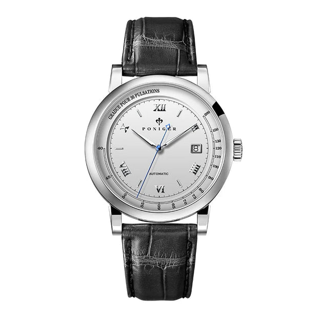 Poniger watch with black leather strap and silver dial on a white background