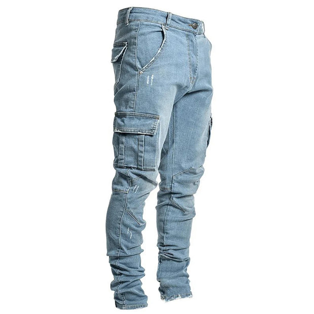 Men’s Distressed Skinny Cargo Jeans – Washed Cotton Streetwear with Multi Pockets (Black/Light Blue)