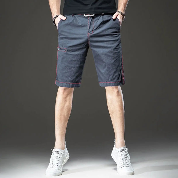 Trendy Fashion Summer Cargo Shorts Men Pockets Zippers Contrast Color Bright Line Decorate Casual Knee Length Straight Short Pant