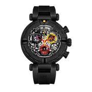 Black wristwatch with detailed face on a white background