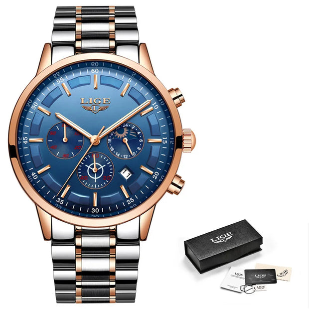 Luxury watch with blue dial and rose gold accents, accompanied by a black box and accessories on a white background.