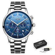 Silver watch with blue face and LIGE packaging on a white background