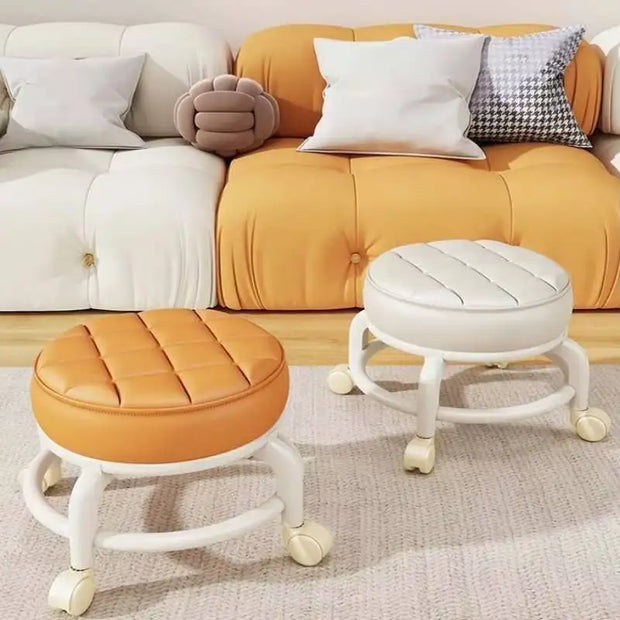 Low Stool with Wheels，Leather Fabric Portable Small Round Waterproof Durable Stool Thickening Seat Cushion Simple Soft Stool