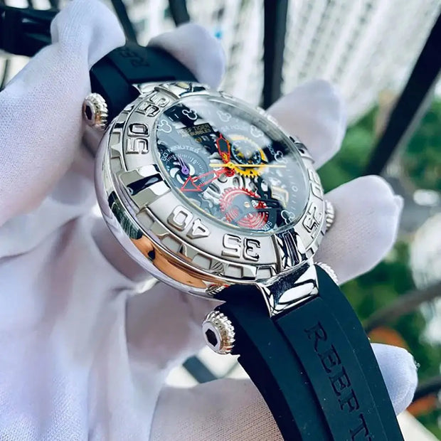 Watch with black strap held by white gloves against a blurred outdoor background