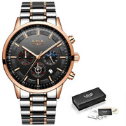 Luxury watch with rose gold and silver band, black dial, and LIGE branding.