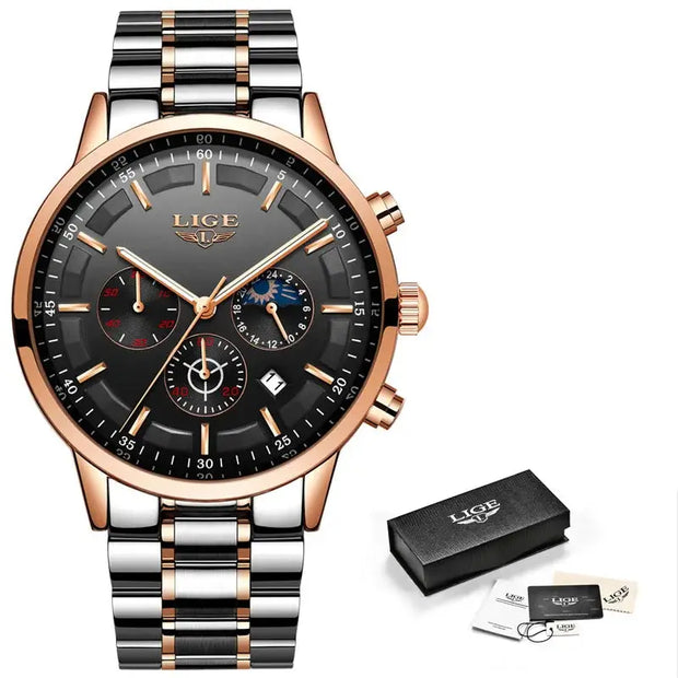 Luxury watch with rose gold and silver band, black dial, and LIGE branding.