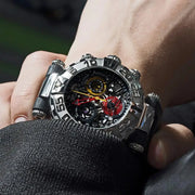 Close-up of a person wearing a detailed mechanical watch with visible gears.