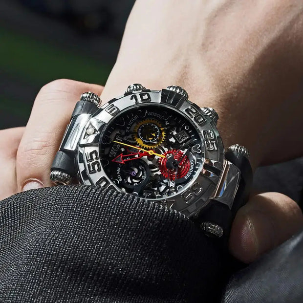 Close-up of a person wearing a detailed mechanical watch with visible gears.
