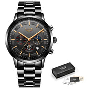Luxury watch with detailed face and silver bracelet, accompanied by a black box and cards on a white background.