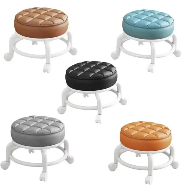 Low Stool with Wheels，Leather Fabric Portable Small Round Waterproof Durable Stool Thickening Seat Cushion Simple Soft Stool