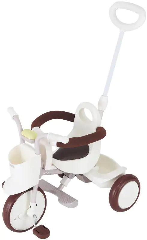 White iimo Tricycle (Classic Version) with brown accents, featuring a secure seat, footrest, and parent push handle for toddlers.