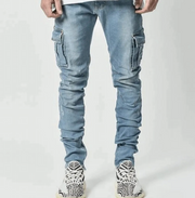 Light blue cargo jeans worn by a person on a white background