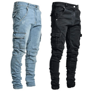 Men’s Distressed Skinny Cargo Jeans – Washed Cotton Streetwear with Multi Pockets (Black/Light Blue)
