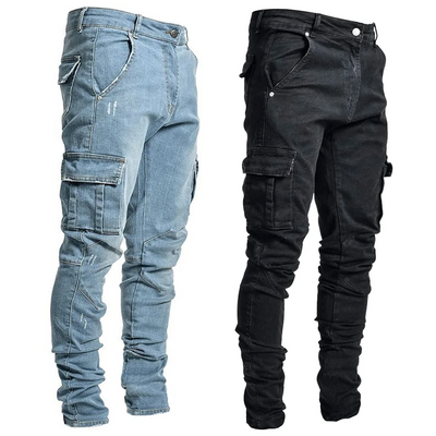 Men’s Distressed Skinny Cargo Jeans – Washed Cotton Streetwear with Multi Pockets (Black/Light Blue)