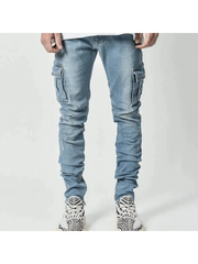 Men’s Distressed Skinny Cargo Jeans – Washed Cotton Streetwear with Multi Pockets (Black/Light Blue)