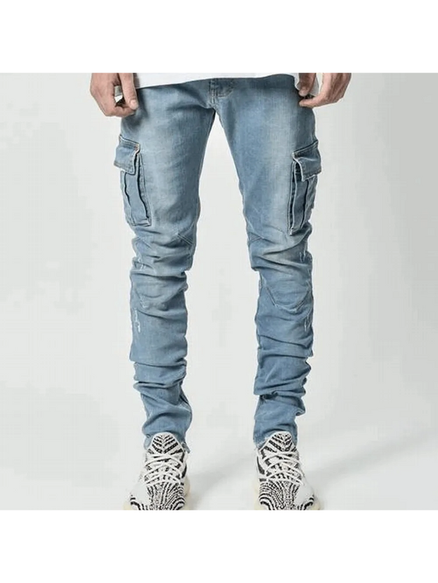 Men’s Distressed Skinny Cargo Jeans – Washed Cotton Streetwear with Multi Pockets (Black/Light Blue)