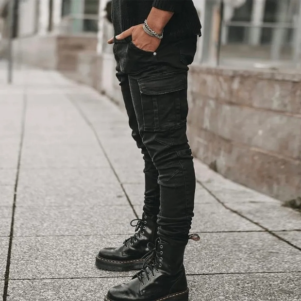 Men’s Distressed Skinny Cargo Jeans – Washed Cotton Streetwear with Multi Pockets (Black/Light Blue)