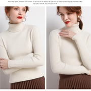 Woman wearing a white turtleneck sweater with text about warm winter clothing.