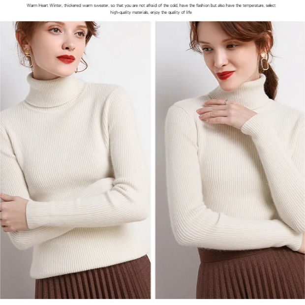 Woman wearing a white turtleneck sweater with text about warm winter clothing.