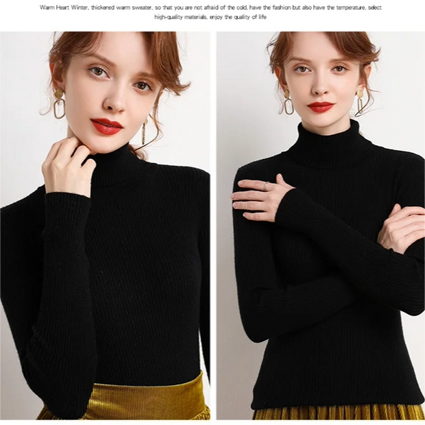 Woman wearing a black turtleneck sweater with gold pants on a plain background