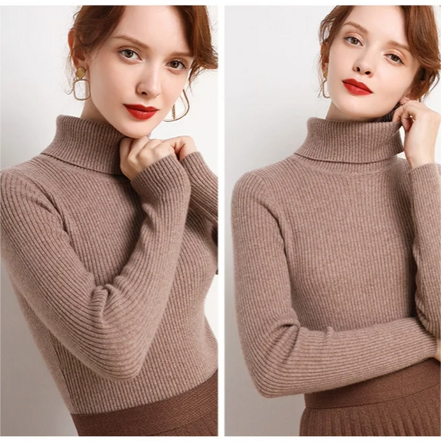 Woman wearing a brown turtleneck sweater against a plain background